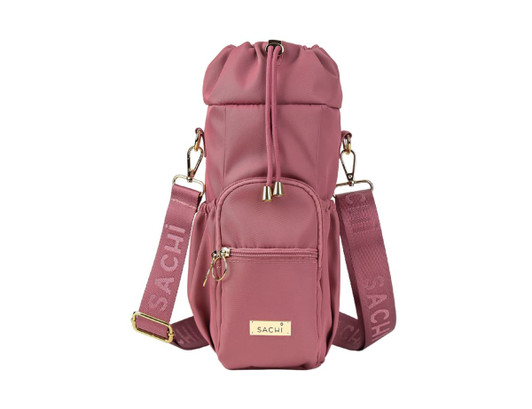 A drink bottle bag in dusty rose, featuring a drawstring closure, adjustable strap, and a front pocket with a logo.