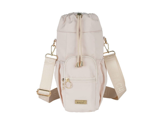 A drink bottle bag in soft pink, featuring a drawstring closure, front pocket, and adjustable shoulder strap.
