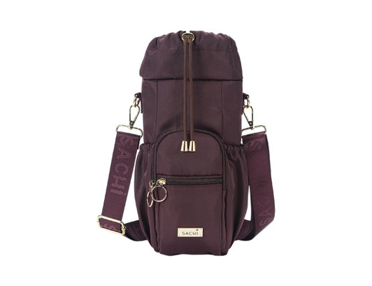 A drink bottle bag in dark purple, featuring a zippered pocket, adjustable strap, and a brand logo.
