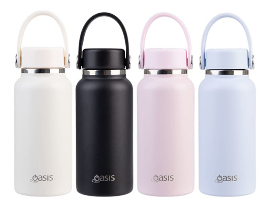 A drink bottle assortment featuring white, black, pink, and blue colours, each with a handle and a logo.