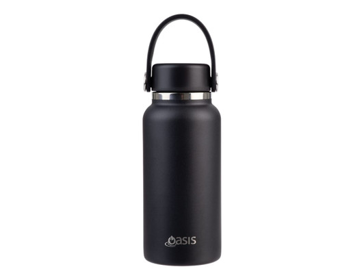 A drink bottle in matte black with a stainless steel rim and a carry handle, featuring a logo.