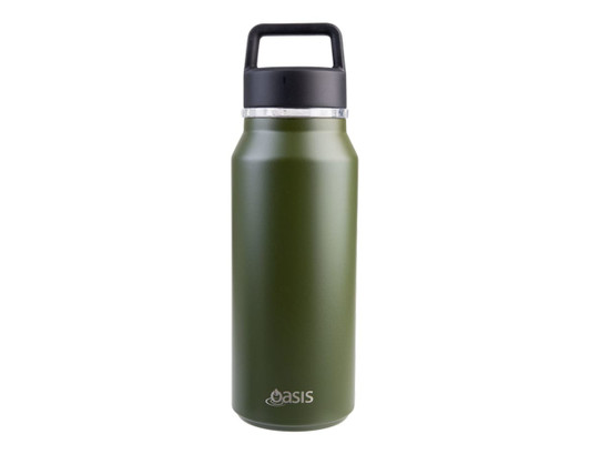 A drink bottle in olive green with a black lid and handle, featuring a logo on the front.