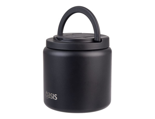A food flask in matte black with a quick-release lid and a handle, featuring a spork included.