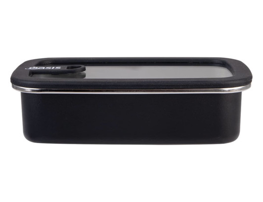 A rectangular stainless steel container in black, featuring a lid and a logo. It has a capacity of 700ml.