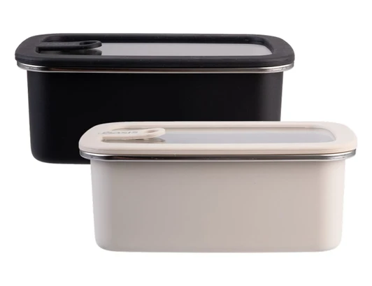 A set of two rectangular stainless steel containers, one black and one cream, with clear lids and a brand logo.