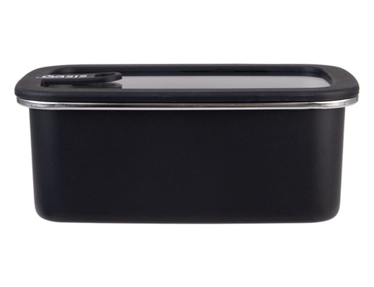 A rectangular black stainless steel container with a transparent lid, featuring a logo. Capacity of 1.1L.