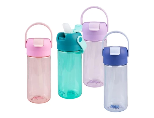 A drink bottle set featuring four Tritan bottles in pink, turquoise, purple, and clear, with flip-top lids and handles.