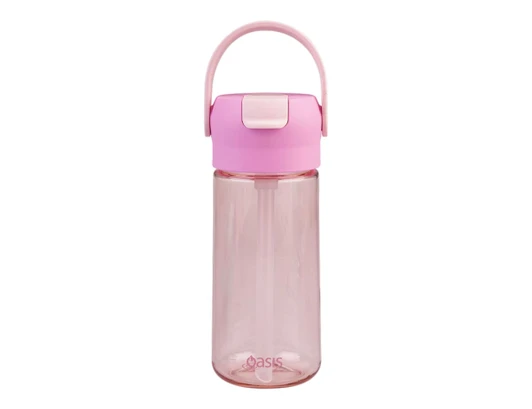 A drink bottle in pink and clear with a handle and a flip-top lid, featuring a logo on the side.