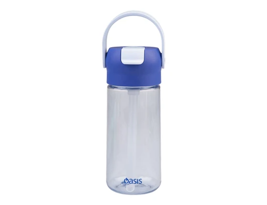 A drink bottle with a clear body, blue lid, and a carrying handle, featuring a logo. Holds 460ml.
