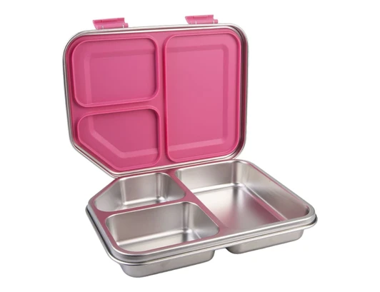 A bento lunch box with a metallic silver body and a pink lid, featuring three compartments inside.