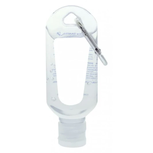 A clear 60mL hand sanitiser bottle with a carabiner attached, featuring a textured grip and a small opening at the bottom.