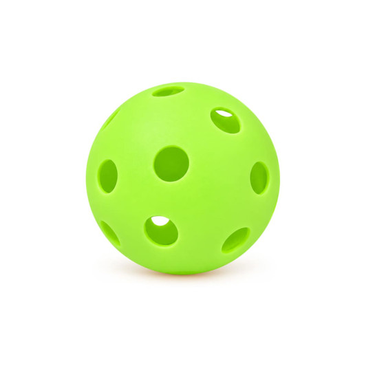 A bright green pickleball with multiple holes for gameplay.