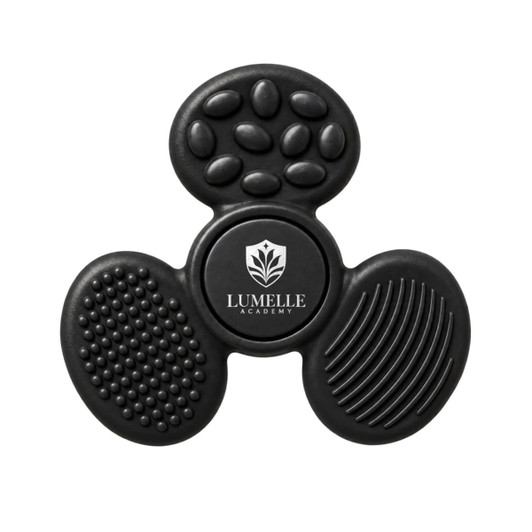 A black tactile fidget spinner featuring various textured surfaces and a logo in the centre.