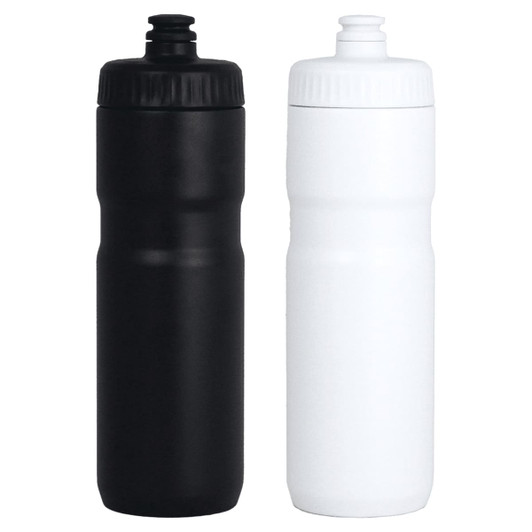 A drink bottle set featuring one black and one white 750ml bottle, both with screw-on lids and logos.