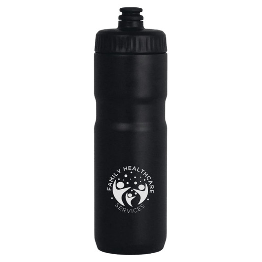 A drink bottle in matte black with a screw-on lid and a logo on the front. It holds 750ml.
