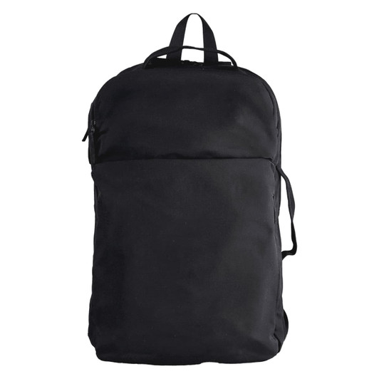 A black backpack with a zippered front pocket and two side straps. It features a top handle and a minimalist design.