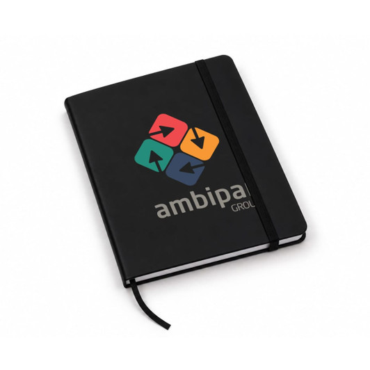 A black FSC notebook with an elastic band, featuring a multi-coloured logo on the cover.