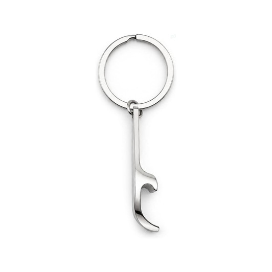 A silver keytag with a bottle opener design attached to a circular keyring.