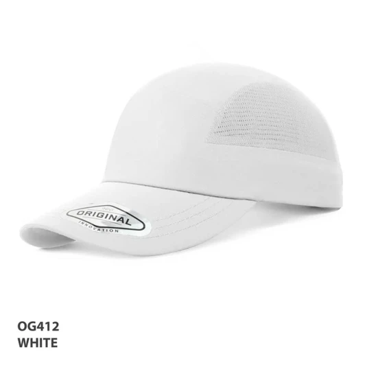 A white performance cap with a mesh panel and a logo on the front.
