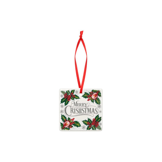 A square ceramic ornament in white with red and green holly decorations and a red hanging ribbon.
