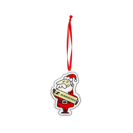 A custom-shaped acrylic ornament depicting a cartoon Santa holding a sign. The ornament has a red ribbon for hanging.