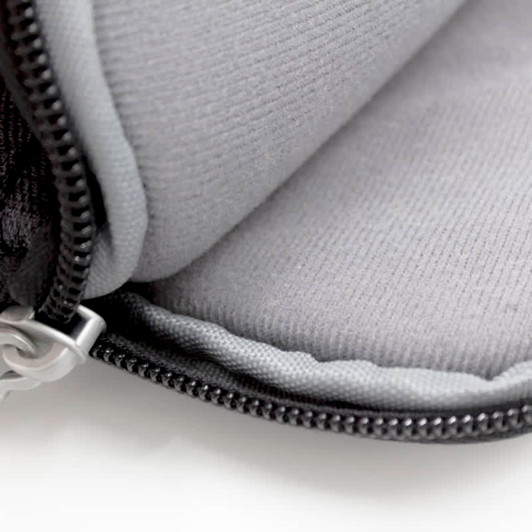 A black laptop case with a grey interior, featuring a zip closure and padded lining. It has a logo on the exterior.
