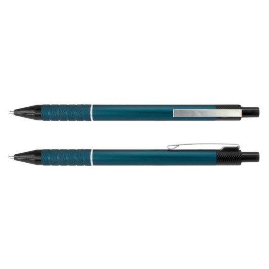 A metal pen featuring a teal body with a textured grip and black accents. It has a silver clip and branding.