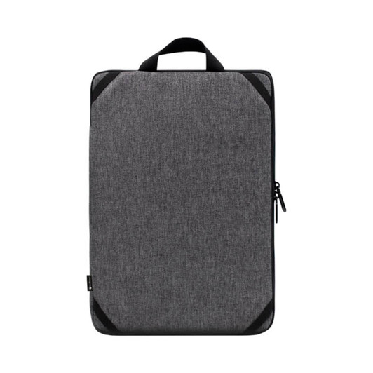 A grey laptop sling bag with a handle and black accents, featuring a zip closure and a logo.