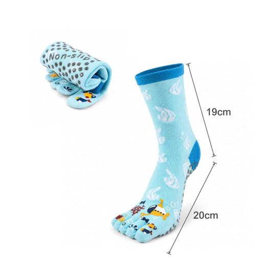 A pair of blue toe socks with a playful design, featuring fish and patterns, alongside a rolled-up version.