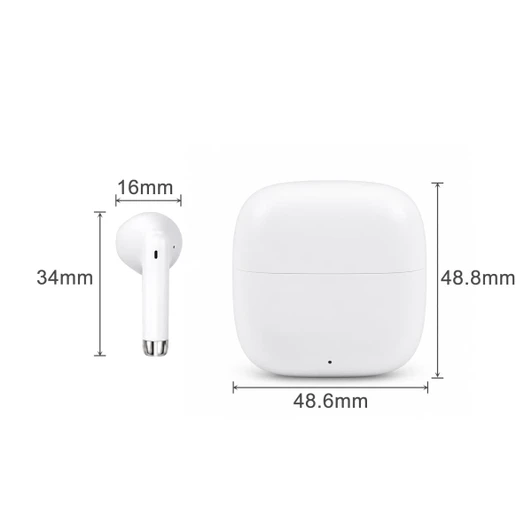 White half in-ear design earbuds next to a matching charging case, displaying dimensions for size reference.