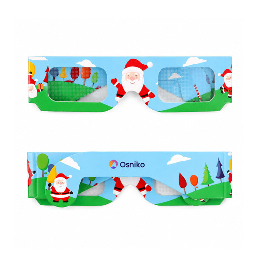 Promotional paper diffraction glasses with a festive design featuring Santa, snowmen, and colourful trees.