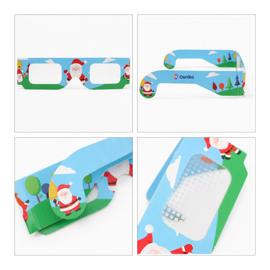 Paper diffraction glasses with a blue design featuring Santa, trees, and balloons. Includes a branding logo.