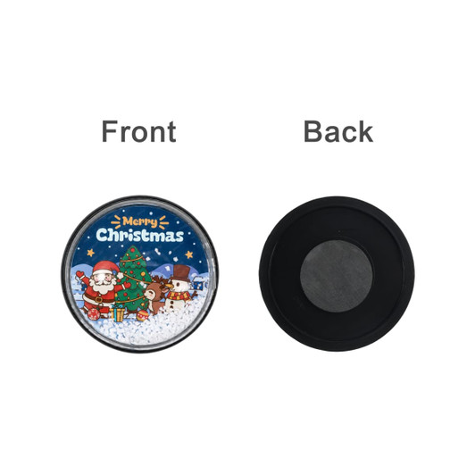 A circular snow globe fridge magnet featuring a festive Christmas scene with Santa and a tree, in vibrant colours.