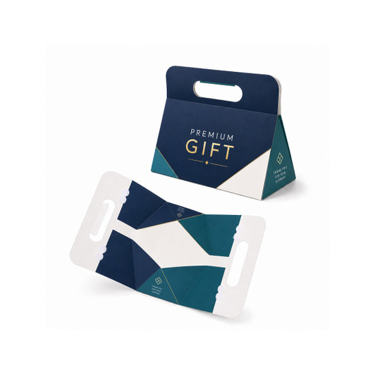 A foldable gift box in navy blue and white, featuring a handle and geometric design elements.