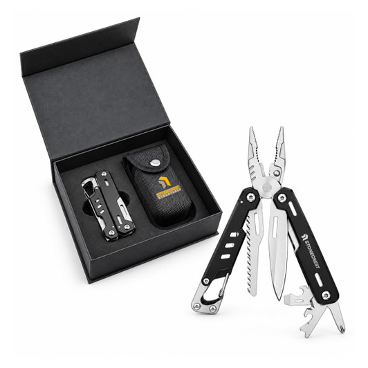 A multi-tool with black handles and multiple stainless steel tools, displayed with a black box and pouch.