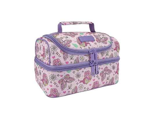 A double-decker lunch bag in purple and pink, featuring a butterfly and floral design, with a top handle and zippers.