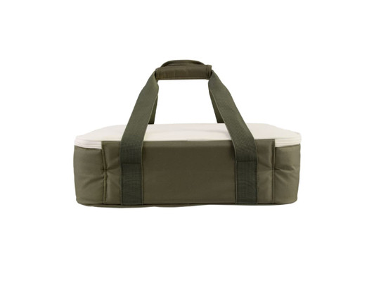 An olive green insulated bag with a white top and sturdy carrying straps. Features a logo on the side.