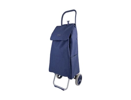 A navy shopping trolley with a tall, fabric body, a flap top, and two wheels for easy mobility.