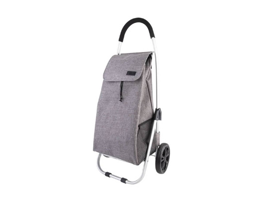 A grey aluminium shopping trolley with a fabric cover, featuring a handle and two wheels.