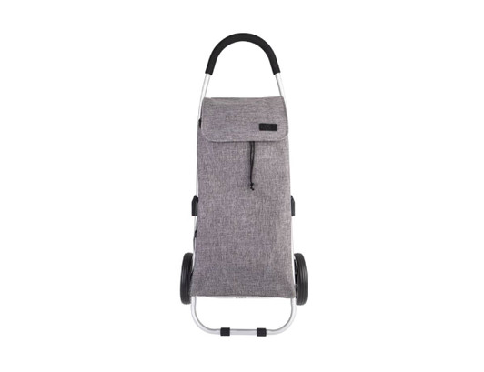 A grey aluminium shopping trolley with a fabric cover and two large black wheels, featuring a logo on the front.