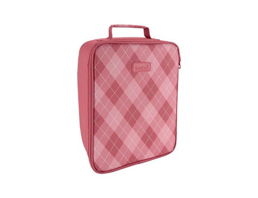 A pink, insulated lunch bag with a checkered pattern and a handle, featuring a logo on the front.