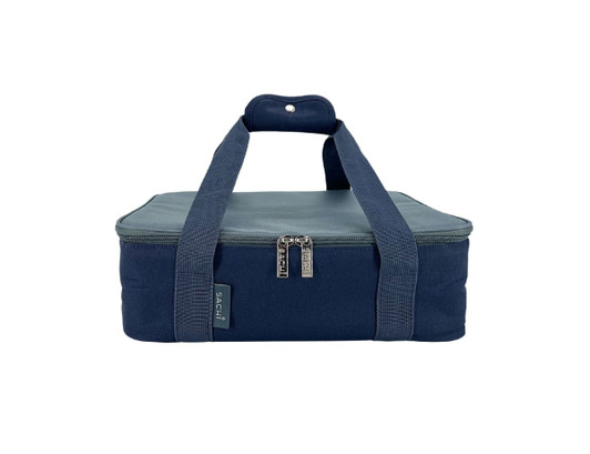 A dark blue insulated bag with a dual zipper and sturdy handles, featuring a small logo.