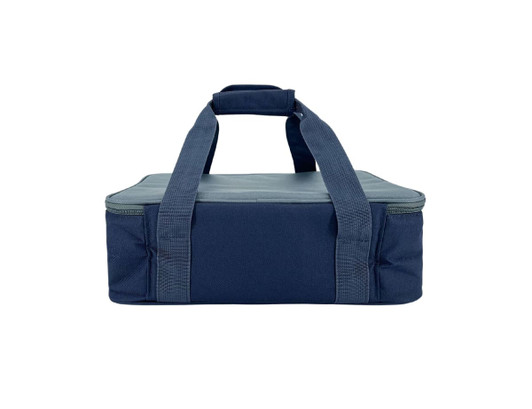 A navy insulated bag with two sturdy handles, designed for carrying food or drinks. Features a zip closure.