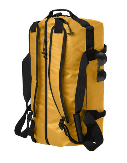 A yellow sports/travel bag with black straps and zippers, featuring a logo on the side.
