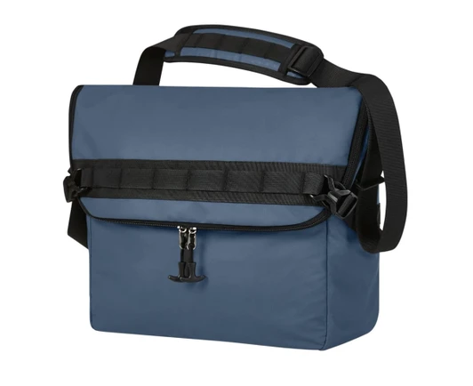 A blue Active Notebook Bag featuring a detachable shoulder strap and a front zip closure, with a logo.