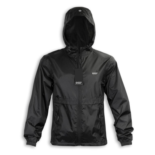A black windbreaker jacket with a hood, featuring a zip front and side pockets. It has a logo on the chest.
