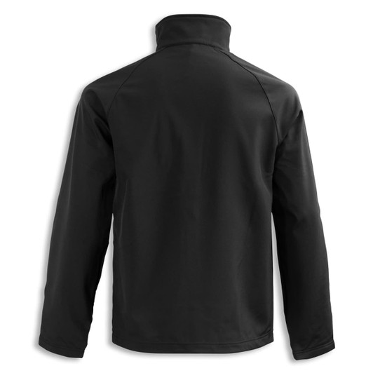 A black softshell jacket with a high collar and a plain back, featuring a logo.