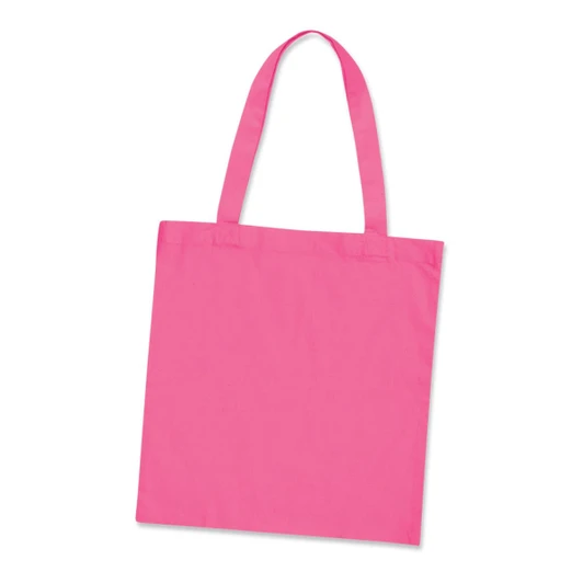 A pink cotton tote bag with two handles and a plain design, featuring a logo on one side.