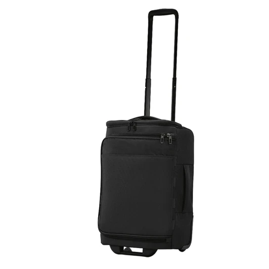 A black wheeled duffle bag with a retractable handle and zippers, featuring an exterior pocket and a logo.