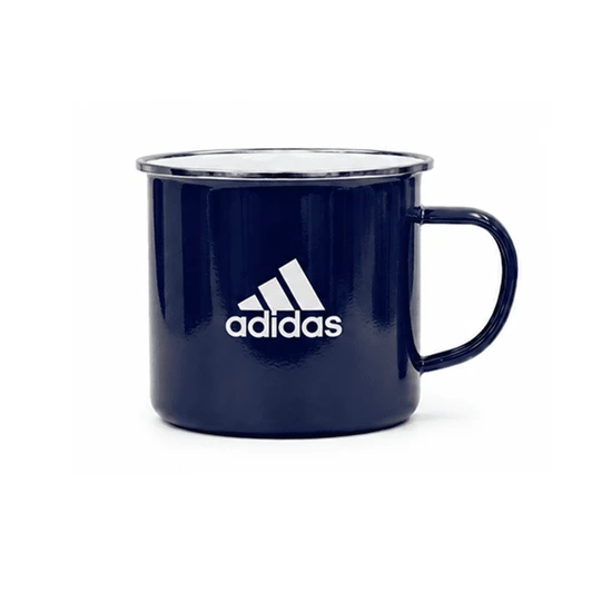 A drink mug in navy blue with a white logo. Features a handle and metallic finish.